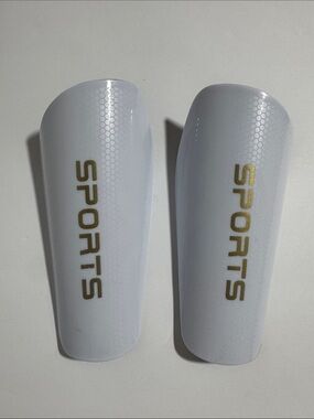 Sports White Kids Soccer Shinguards with Gold SPORTS Logo